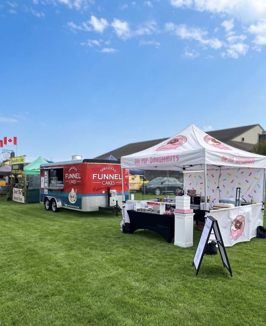 Oh My Doughnuts booth serving a queue at an Ottawa market